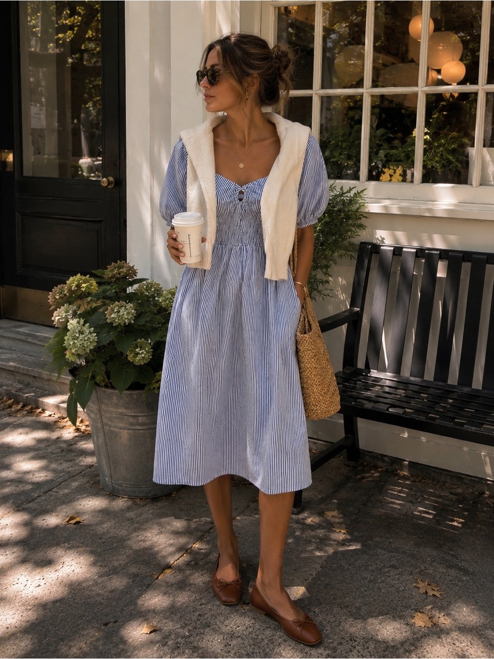 Blue and White Striped Puff-Sleeve Midi Dress